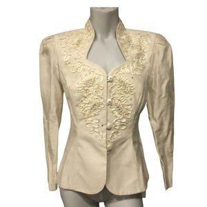 Vtg 90s Tight Waisted Embellished Cottagecore Cream Blazer M